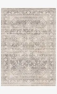 Homage Ivory Grey Rug with distressed traditional motifs in a neutral ivory and grey palette, flat laid