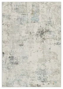 Jeah Abstract Gray/Light Blue Rug featuring an airy abstract design with dot details in ivory, gold, light gray, blue, and...