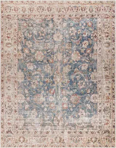 Traditional machine-woven Marlene area rug in ink blue with floral motifs and a beige border, medium pile