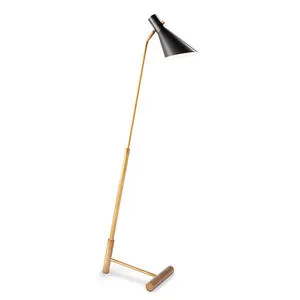 Spyder Floor Lamp with sleek black metal shade and brass kickstand base in an angled standing design