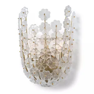 Charlotte Sconce with translucent cast glass flowers on a natural brass frame, light and airy with feminine sophistication
