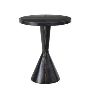 Round leather accent table in black with cross stitching and hourglass shape base