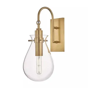 Ivy 1 Light Wall Sconce with clear glass shade, curved arm, and brushed nickel finish