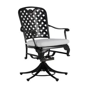 Black aluminum swivel rocker chair with lattice back and white seat cushion