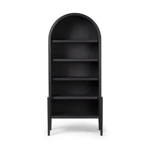 Tolle Bookcase with drifted matte black frame and oak veneer shelves, arched top and elevated on four legs