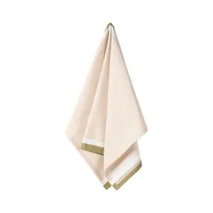 Set of four soft cotton kitchen towels in chive green with white stripes on edges, hanging draped