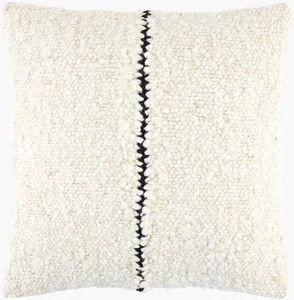Square LaRocco Charcoal Accent Pillow with creamy white textured wool surface and single vertical black linear stitch