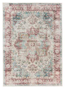 Traditional rectangular rug with floral medallion in dark red, teal, beige, and gold hues