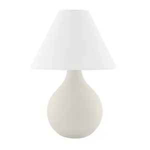 Helena Pear Shaped Table Lamp with matte white speckled ceramic base and classic white tapered fabric shade