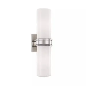 Natalie 2 Light Wall Sconce with cylindrical frosted glass shade and brushed nickel metal accents