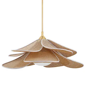 Florina 1-Light Pendant with layered natural rattan cane petals trimmed in white cotton around an opal glass globe
