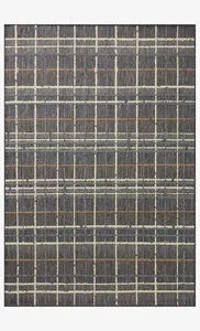 Rainier Charcoal Multi indoor/outdoor plaid rug with woven polypropylene pile in neutral grey, cream, and brown hues