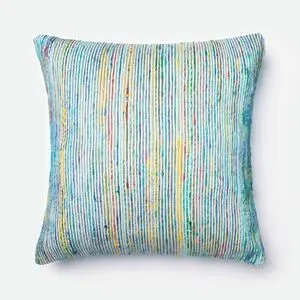 Square Masie Pillow with colorful vertical stitched stripes on white background