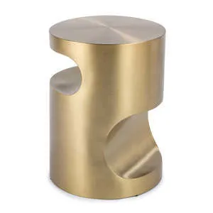 Nathan Side Table in brushed brass finish featuring sculptural curves and a round top with cutout detailing