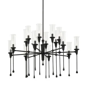 Chisel 16 Light Chandelier with black iron frame and clear glass shades, featuring long drips extending down