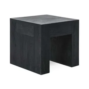 Square black oak end table with minimalist design and oversized dovetail joints showcasing vivid grain and natural cracks
