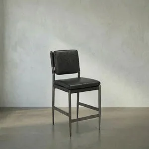Ebony black leather stool with padded seat and backrest, Steel Gray powder-coated steel frame with footrest