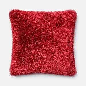 Square 22x22 red pillow with dense ribbon-shag poly fill texture