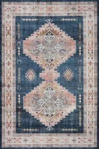 Heidi Denim / Blush Rug with vintage-style old-world medallions on denim blue background and blush accents