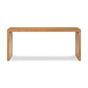 Minimalist amber-finished oak desk with clean lines and rectangular panel legs