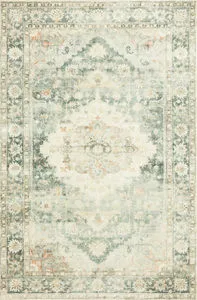 Rosette Teal/Ivory vintage style rug with plush, cloud-like texture and an intricate floral medallion pattern