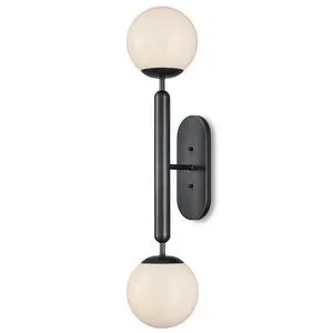 Barbican double-light wall sconce in dark bronze with two white translucent glass globes and tubular stem