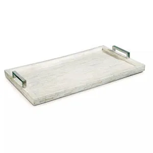 Rectangular white bone tray with natural stone texture and nickel metal handles on a white background