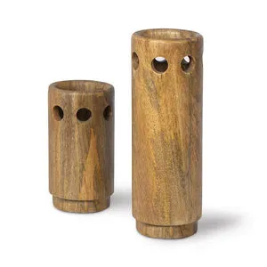 Set of two natural mango wood vases with cylindrical shape, round holes near the top, and smooth finish