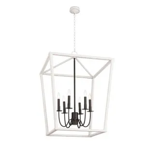 Southern Living Luella Lantern pendant with textured white frame and blackened brass candelabra lights inside