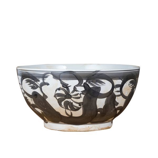 Black Porcelain Bowl Twisted Flower Motif image 1