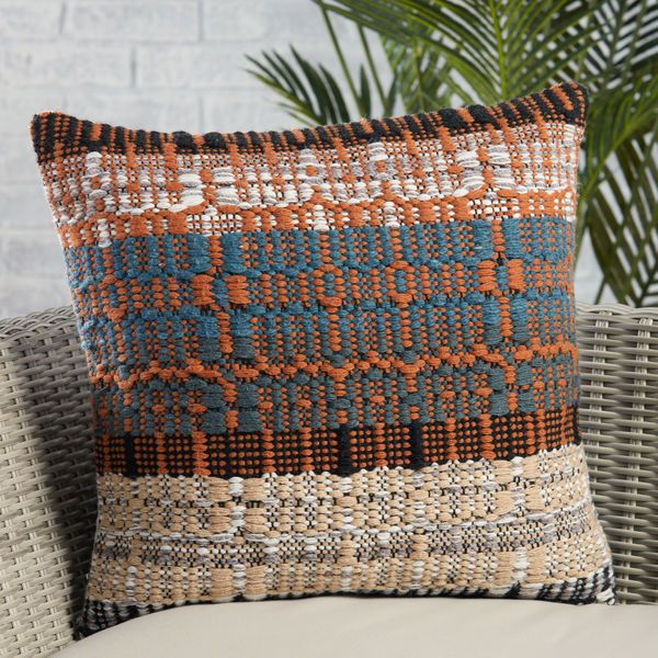 Zyan Indoor/ Outdoor Orange/ Blue Trellis Pillow image 4