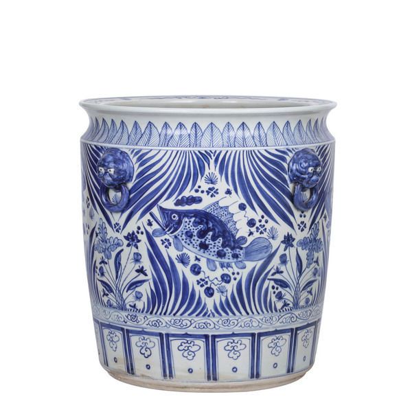 Product Image 1 for Blue & White Porcelain Fish Planter With Lion Handle from Legend of Asia