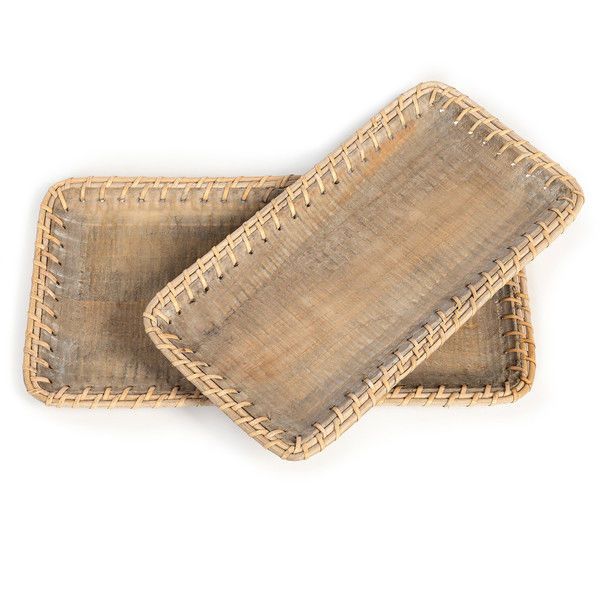 Rattan Laced Wooden Trays, Set of 2 image 1