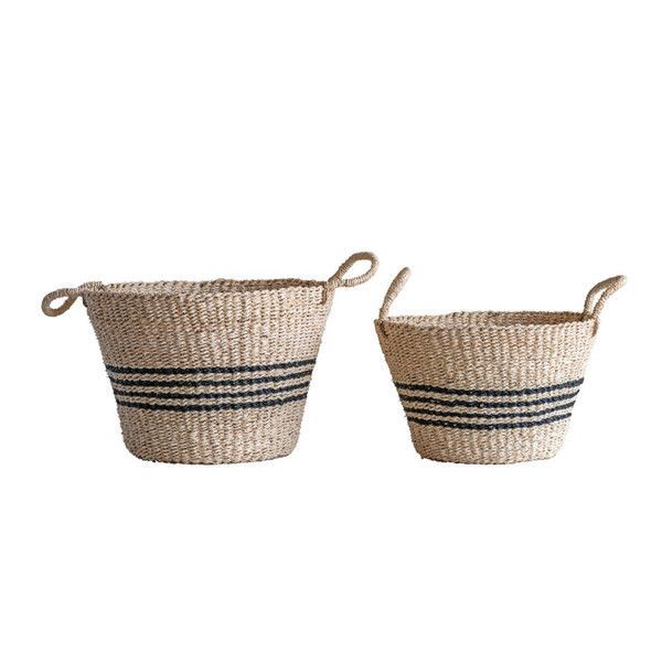 Beige Seagrass Basket Set With Black Stripes & Handles image 4