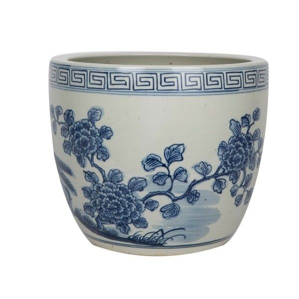 Blue & White Porcelain Pheasant Flower Planter With Greek Symbol image 1