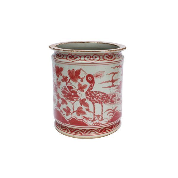 Coral Red Orchid Pot Bird Motif image 1
