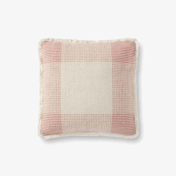 Natural / Pink Fringed Geometric Woven Plaid Throw Pillow image 1