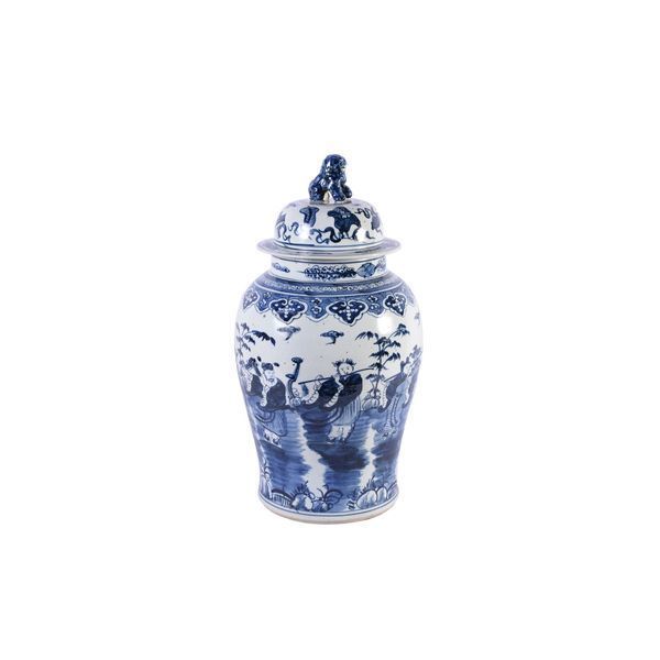 Blue & White Temple Jar W/ 8 Immortals Motif image 1