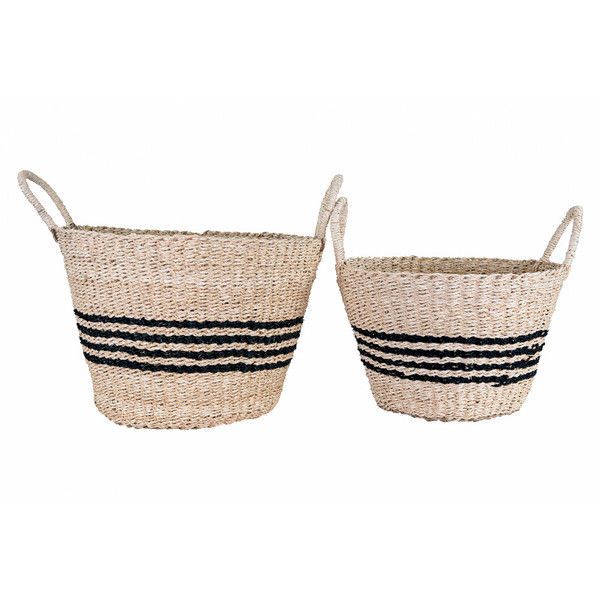 Beige Seagrass Basket Set With Black Stripes & Handles image 7