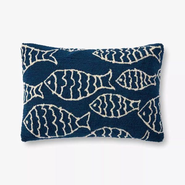 Navy In/Out Hand Hooked Fish Pattern Decorative Pillow image 1