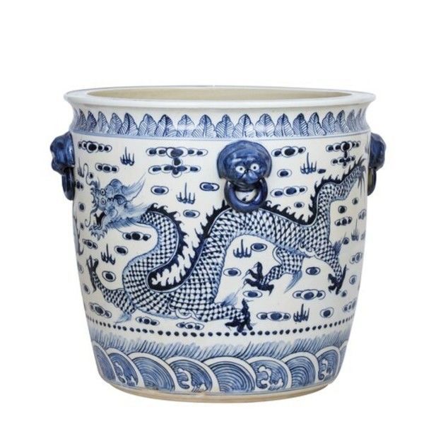 Blue & White Porcelain Dragon Planter With Lion Handle image 2