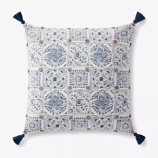 Blue / White Bohmian Printed Tile Motif Wooden Button With Tassels Accent Pillow image 1