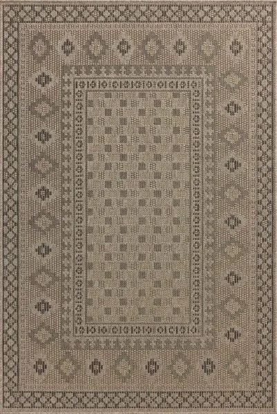 Durable indoor-outdoor rug with a woven-style earth-toned geometric pattern in shades of dove and charcoal