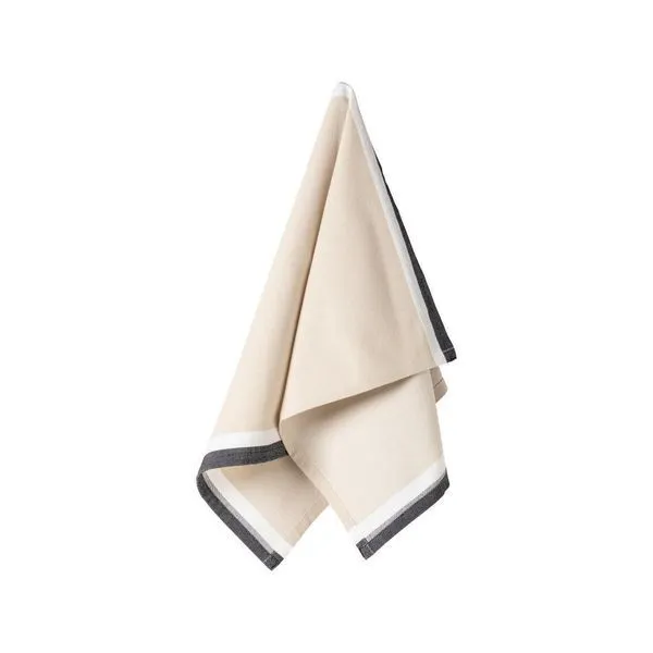 Set of four black Alessa kitchen towels made of cotton twill with white and dark gray borders, measuring 16 by 28 inches