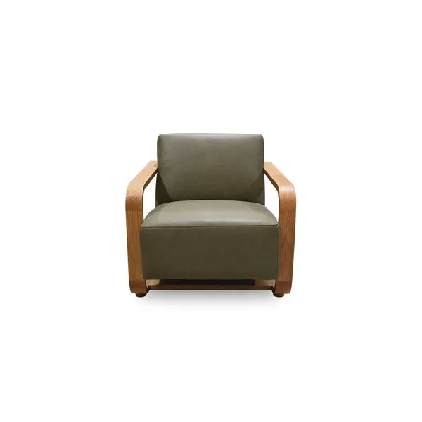 Eckersley Lounge Chair with vintage stained solid oak frame and olive green leather upholstery, wide armrests, sturdy design