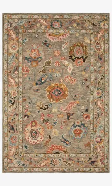 Padma Grey / Multi Rug with thick wool pile, asymmetrical floral motifs in grey, pink, blue, and orange hues