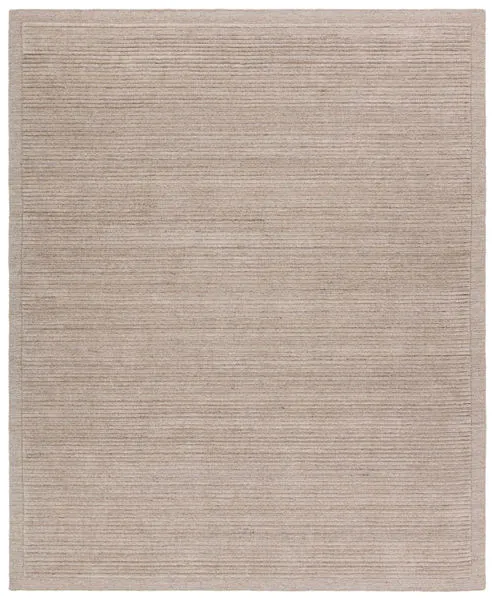 Rectangular light brown handwoven rug with a ridged flatwoven border and high-pile center, 6 by 9 feet