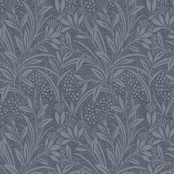 Botanical wallpaper with arts and crafts inspired floral block print on blue background