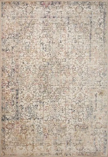 Ivory and multi-colored contemporary area rug with distressed, intricate floral and geometric patterns