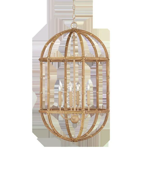 Oval-shaped chandelier with a natural rattan reed frame and four candle-style lights inside